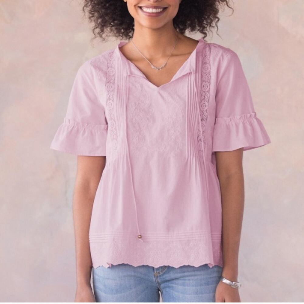 Sundance Finest Bloom Floral Eyelet Lace Embroidered Peasant Blouse Pink XS